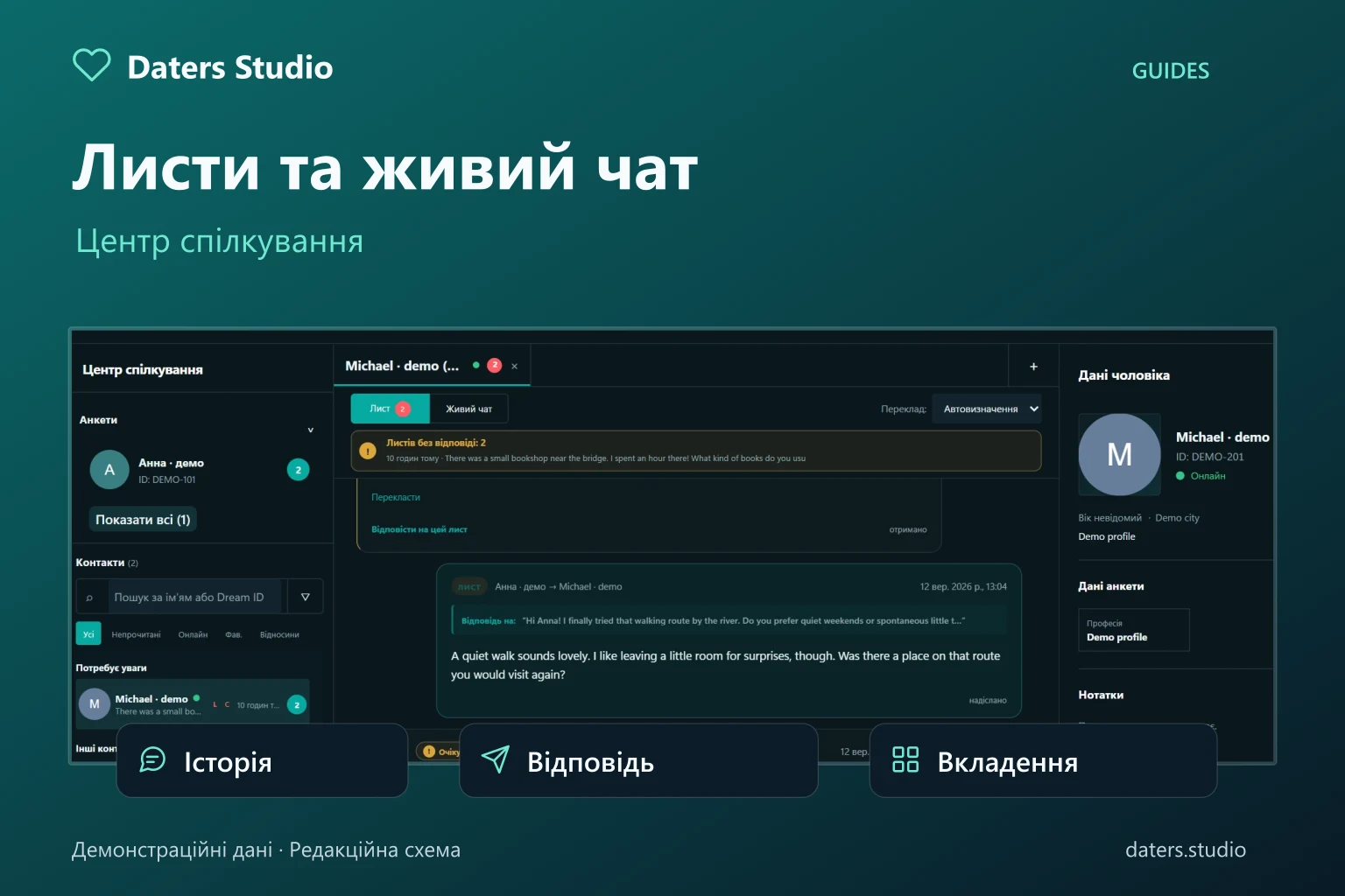 Центр спілкування Daters Studio: історія листів, контакти та відповідь у демонстраційному інтерфейсі